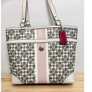 Coach Heritage Stripe Tote Bag Grey White Pink Signature Canvas 11350